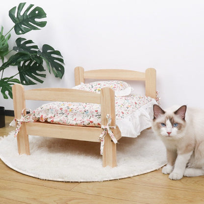 Contemporary Scandinavian Rectangular Pine Wood Printed Fabric Cat Bed For Bedroom