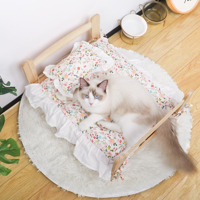 Contemporary Scandinavian Rectangular Pine Wood Printed Fabric Cat Bed For Bedroom