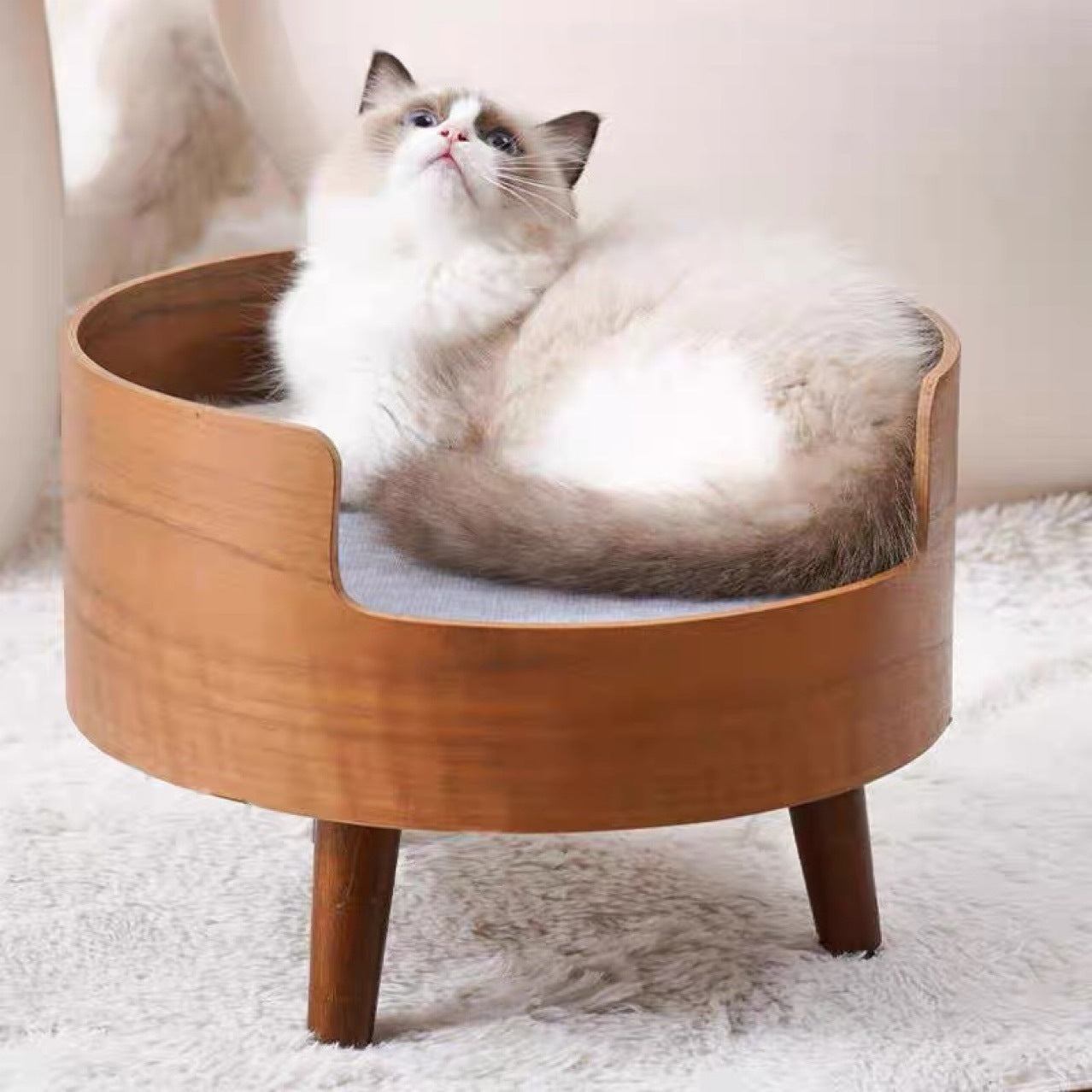 Traditional Vintage Round Veneered Plywood Linen Sisal Cat Bed For Bedroom
