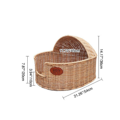Traditional Chinese Oval Fabric PP Rattan Steel Semi-Enclosed Cat Bed For Bedroom