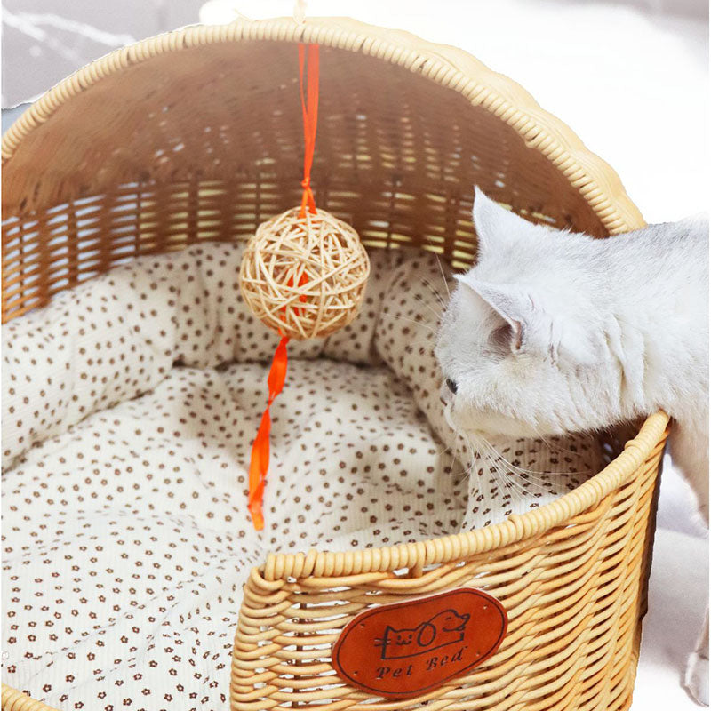 Traditional Chinese Oval Fabric PP Rattan Steel Semi-Enclosed Cat Bed For Bedroom