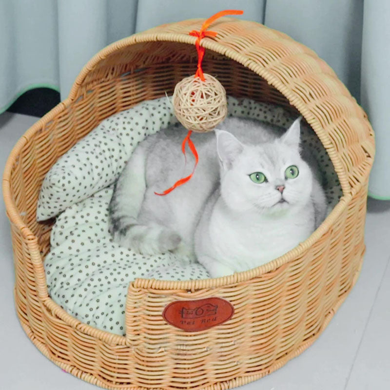 Traditional Chinese Oval Fabric PP Rattan Steel Semi-Enclosed Cat Bed For Bedroom