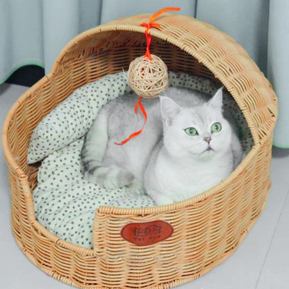 Traditional Chinese Oval Fabric PP Rattan Steel Semi-Enclosed Cat Bed For Bedroom