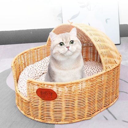 Traditional Chinese Oval Fabric PP Rattan Steel Semi-Enclosed Cat Bed For Bedroom