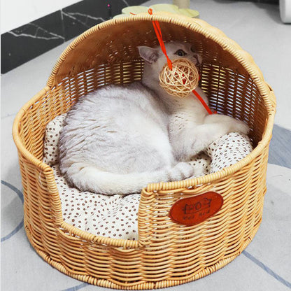 Traditional Chinese Oval Fabric PP Rattan Steel Semi-Enclosed Cat Bed For Bedroom