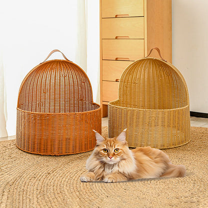 Traditional Chinese Round PE Rattan Iron Semi-Enclosed Cat Bed For Bedroom