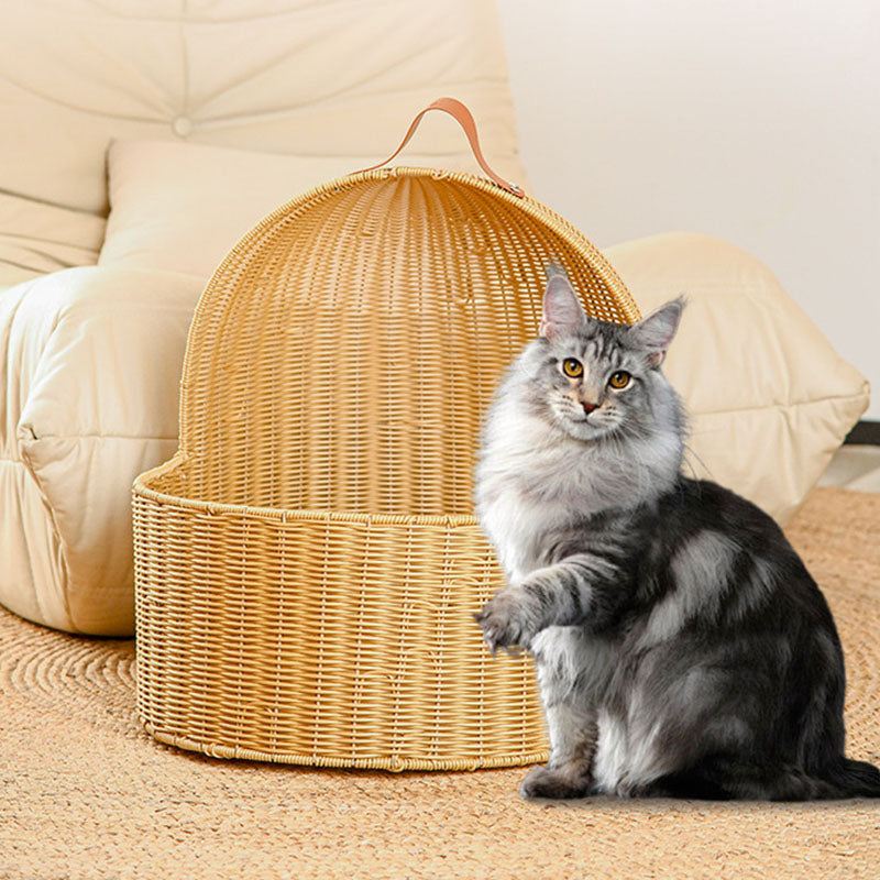 Traditional Chinese Round PE Rattan Iron Semi-Enclosed Cat Bed For Bedroom