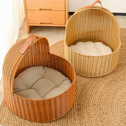 Traditional Chinese Round PE Rattan Iron Semi-Enclosed Cat Bed For Bedroom