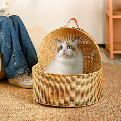 Traditional Chinese Round PE Rattan Iron Semi-Enclosed Cat Bed For Bedroom