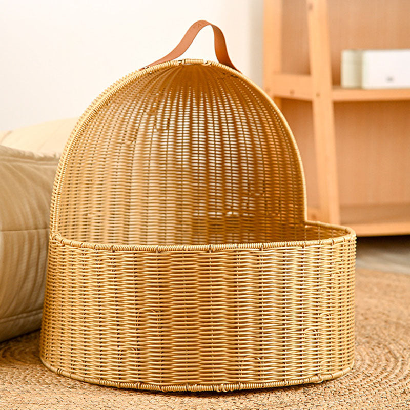 Traditional Chinese Round PE Rattan Iron Semi-Enclosed Cat Bed For Bedroom