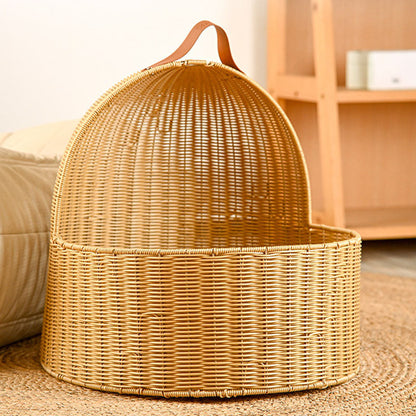 Traditional Chinese Round PE Rattan Iron Semi-Enclosed Cat Bed For Bedroom