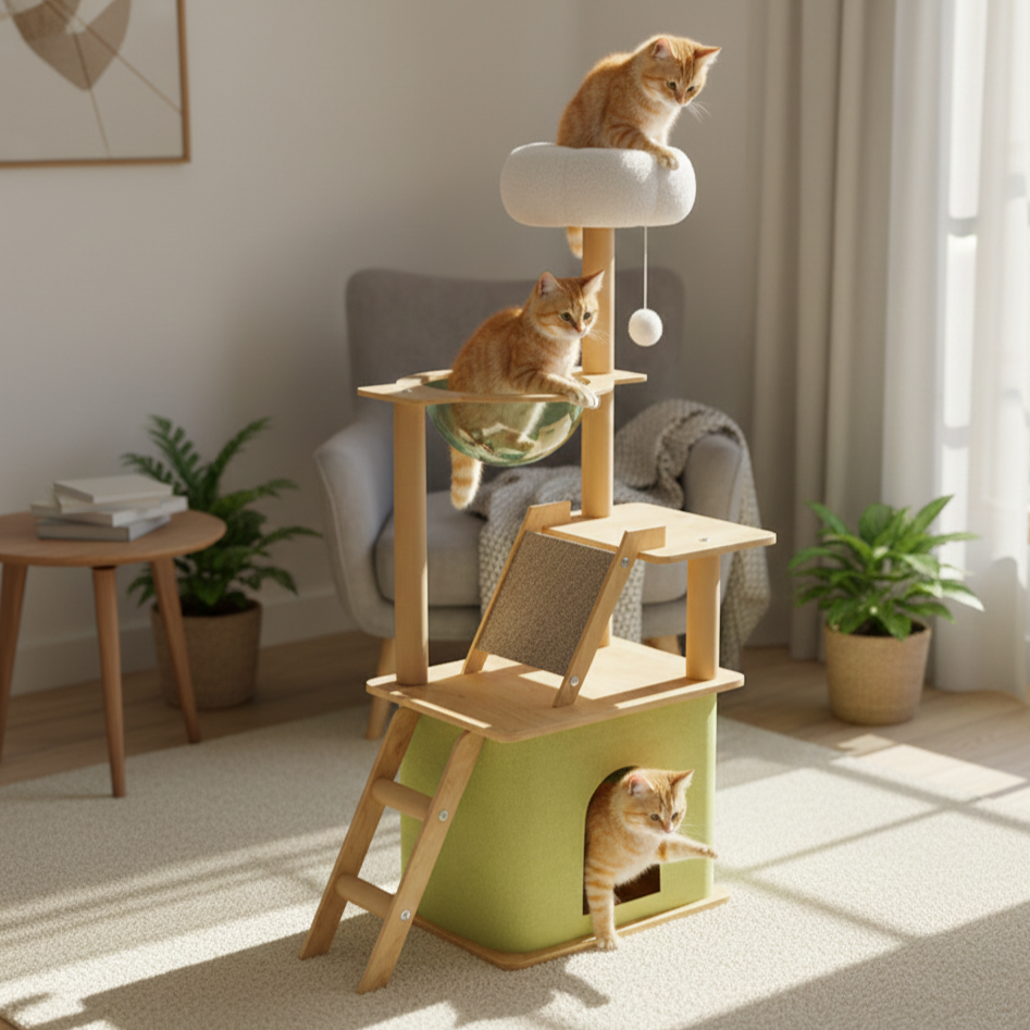 Contemporary Creative Rectangular Medium-Density Fiberboard PET Fabric Acrylic Multi-Functional Cat Tree For Living Room