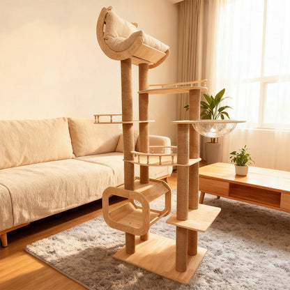 Contemporary Scandinavian Square Multi-Layer Solid Wood Panel Acrylic Fabric Multi-Functional Cat Tree For Living Room