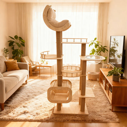 Contemporary Scandinavian Square Multi-Layer Solid Wood Panel Acrylic Fabric Multi-Functional Cat Tree For Living Room