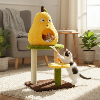 Contemporary Creative Round Pear-Shaped Natural Fruitwood Medium-Density Fiberboard Sisal Fabric Cat Tree For Living Room