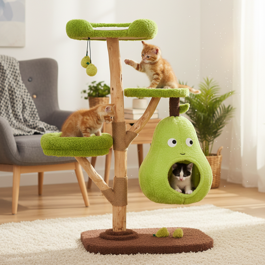 Contemporary Creative Round Pear-Shaped Natural Fruitwood Medium-Density Fiberboard Sisal Fabric Cat Tree For Living Room