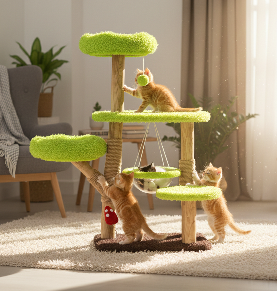 Contemporary Creative Cylindrical Tree-Shaped Natural Fruitwood Medium-Density Fiberboard Sisal Fabric Multi-Functional Cat Tree For Living Room