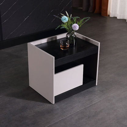 Modern Minimalist Nightstand: Black Oak & Gray Single-Drawer Nightstand - Sleek Matte Finish Storage Bedside Table For Bedroom