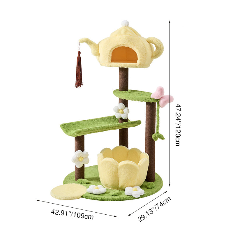 Contemporary Creative Round Teapot-Shaped Faux Panel PS Velvet Fabric PP Cotton Multi-Functional Cat Tree For Living Room
