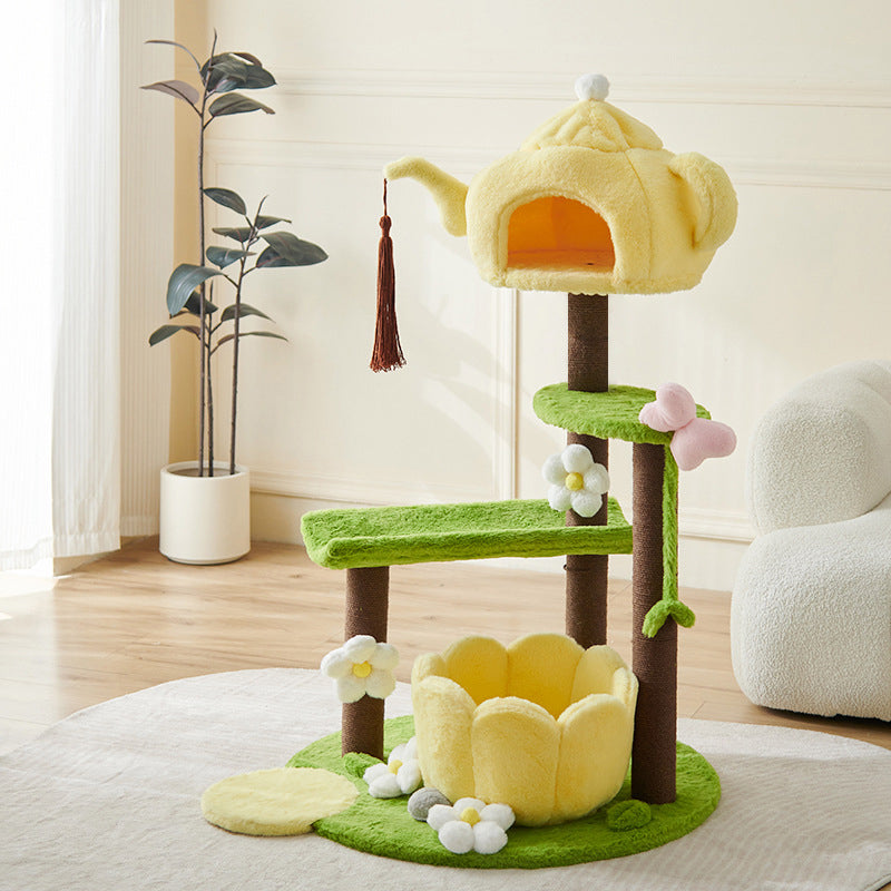 Contemporary Creative Round Teapot-Shaped Faux Panel PS Velvet Fabric PP Cotton Multi-Functional Cat Tree For Living Room
