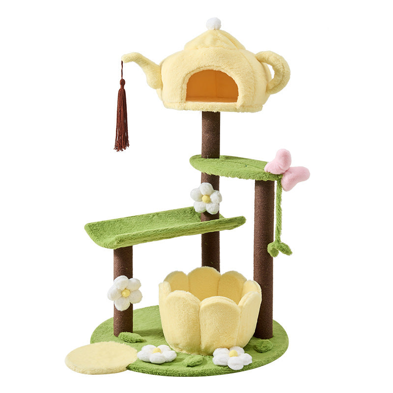 Contemporary Creative Round Teapot-Shaped Faux Panel PS Velvet Fabric PP Cotton Multi-Functional Cat Tree For Living Room