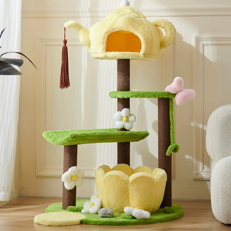 Contemporary Creative Round Teapot-Shaped Faux Panel PS Velvet Fabric PP Cotton Multi-Functional Cat Tree For Living Room
