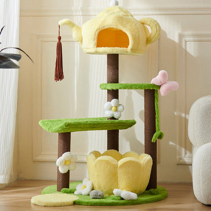 Contemporary Creative Round Teapot-Shaped Faux Panel PS Velvet Fabric PP Cotton Multi-Functional Cat Tree For Living Room