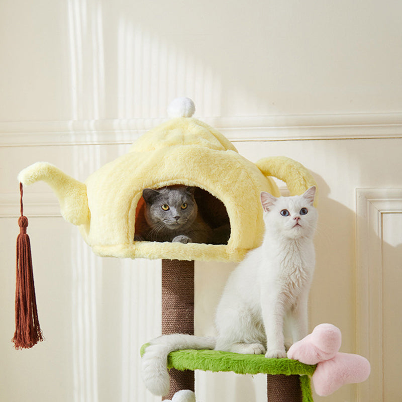 Contemporary Creative Round Teapot-Shaped Faux Panel PS Velvet Fabric PP Cotton Multi-Functional Cat Tree For Living Room
