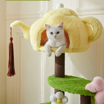 Contemporary Creative Round Teapot-Shaped Faux Panel PS Velvet Fabric PP Cotton Multi-Functional Cat Tree For Living Room