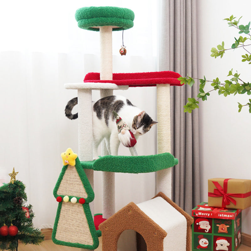 Contemporary Creative Square Medium-Density Fiberboard Sisal Velvet Fabric Multi-Functional Christmas Cat Tree For Bedroom