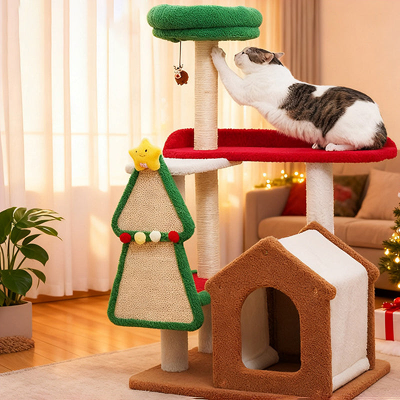 Contemporary Creative Square Medium-Density Fiberboard Sisal Velvet Fabric Multi-Functional Christmas Cat Tree For Bedroom