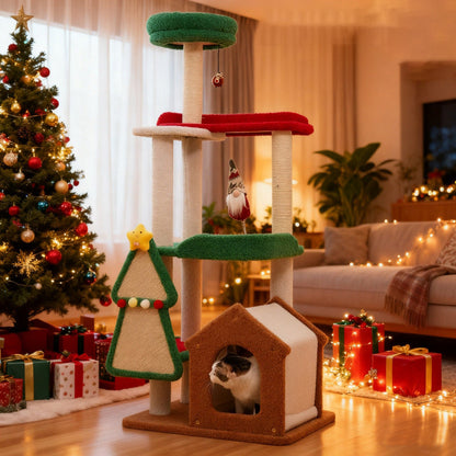 Contemporary Creative Square Medium-Density Fiberboard Sisal Velvet Fabric Multi-Functional Christmas Cat Tree For Bedroom