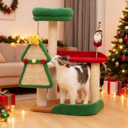 Contemporary Creative Square Medium-Density Fiberboard Sisal Velvet Fabric Multi-Functional Christmas Cat Tree For Bedroom