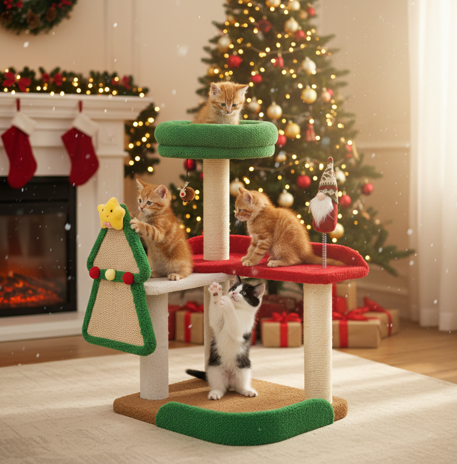 Contemporary Creative Square Medium-Density Fiberboard Sisal Velvet Fabric Multi-Functional Christmas Cat Tree For Bedroom