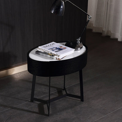 Contemporary Luxury High-Leg Nightstand: Marble Look Sintered Stone - Robot Vacuum Friendly Metal Base 1-Drawer Bedside Table For Bedroom
