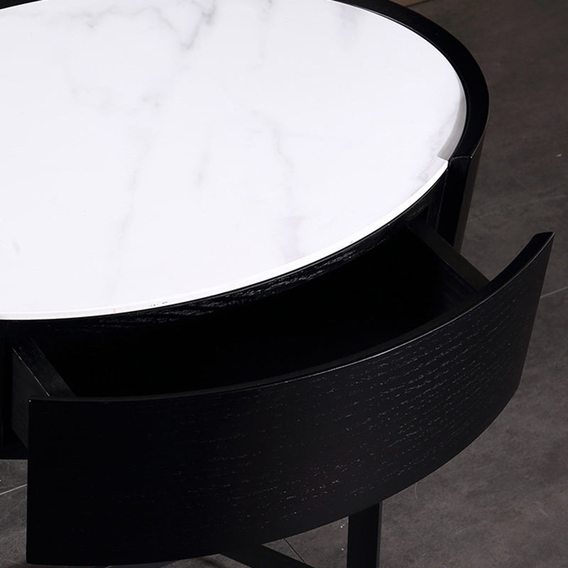 Contemporary Luxury High-Leg Nightstand: Marble Look Sintered Stone - Robot Vacuum Friendly Metal Base 1-Drawer Bedside Table For Bedroom