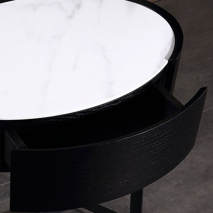 Contemporary Luxury High-Leg Nightstand: Marble Look Sintered Stone - Robot Vacuum Friendly Metal Base 1-Drawer Bedside Table For Bedroom