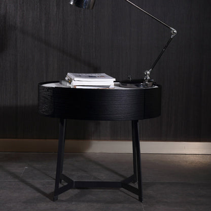 Contemporary Luxury High-Leg Nightstand: Marble Look Sintered Stone - Robot Vacuum Friendly Metal Base 1-Drawer Bedside Table For Bedroom