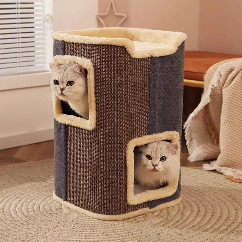 Contemporary Creative Cylindrical Medium-Density Fiberboard Sisal Fabric Multi-Functional Cat Tree 2/3-Tier For Bedroom