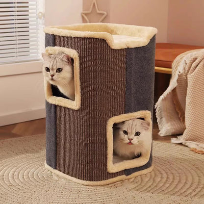 Contemporary Creative Cylindrical Medium-Density Fiberboard Sisal Fabric Multi-Functional Cat Tree 2/3-Tier For Bedroom
