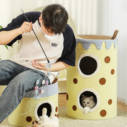 Contemporary Creative Cylindrical Medium-Density Fiberboard Sisal Fabric Multi-Functional Cat Tree 2/3-Tier For Bedroom