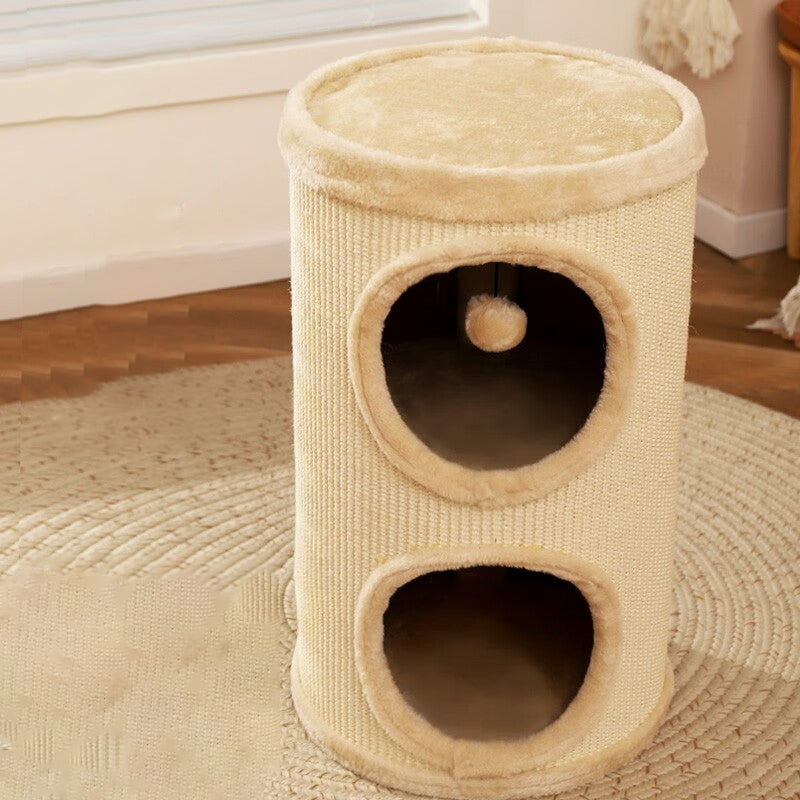 Contemporary Creative Cylindrical Medium-Density Fiberboard Sisal Fabric Multi-Functional Cat Tree 2/3-Tier For Bedroom