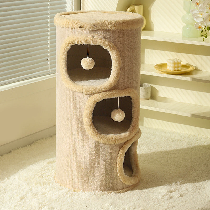 Contemporary Creative Cylindrical Medium-Density Fiberboard Sisal Fabric Multi-Functional Cat Tree 2/3-Tier For Bedroom