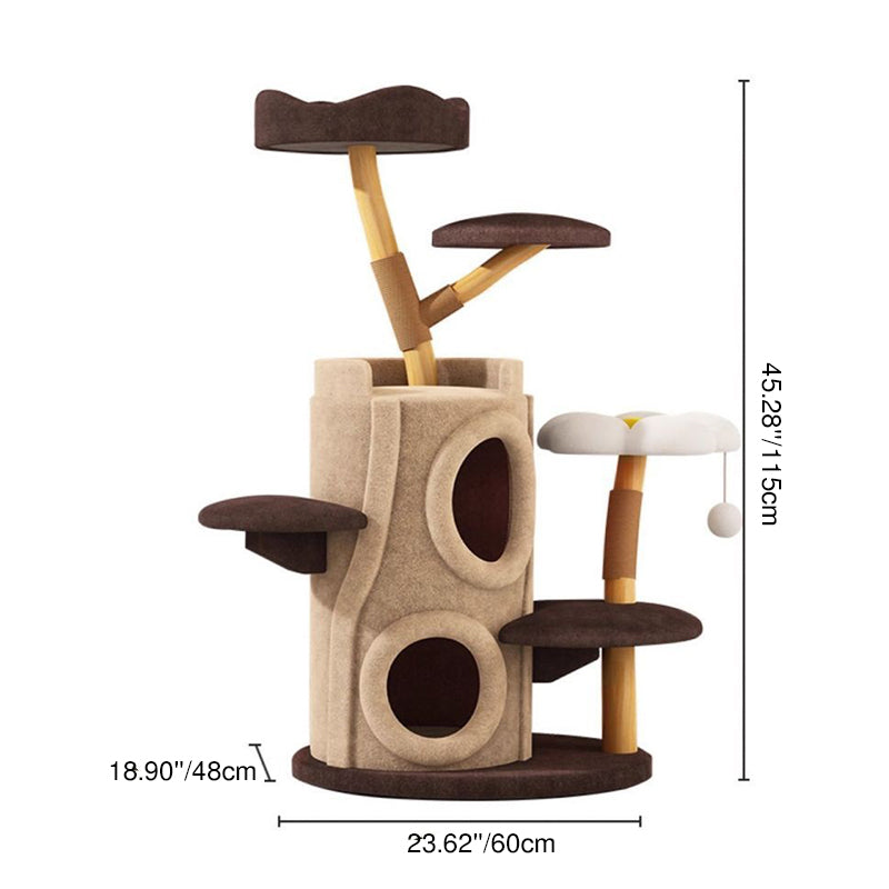Contemporary Creative Cylinder Natural Fruit Wood Sisal Velvet Fabric Wood Tree House Cat Tree 5-Tier For Living Room