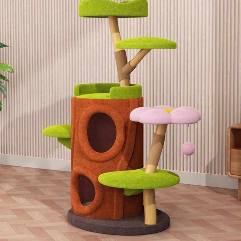 Contemporary Creative Cylinder Natural Fruit Wood Sisal Velvet Fabric Wood Tree House Cat Tree 5-Tier For Living Room