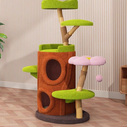 Contemporary Creative Cylinder Natural Fruit Wood Sisal Velvet Fabric Wood Tree House Cat Tree 5-Tier For Living Room