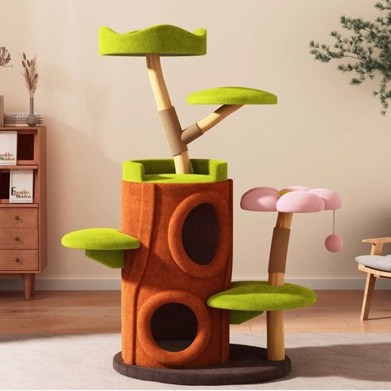 Contemporary Creative Cylinder Natural Fruit Wood Sisal Velvet Fabric Wood Tree House Cat Tree 5-Tier For Living Room