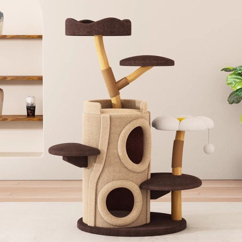 Contemporary Creative Cylinder Natural Fruit Wood Sisal Velvet Fabric Wood Tree House Cat Tree 5-Tier For Living Room