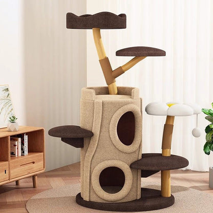 Contemporary Creative Cylinder Natural Fruit Wood Sisal Velvet Fabric Wood Tree House Cat Tree 5-Tier For Living Room