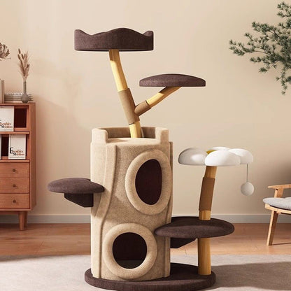 Contemporary Creative Cylinder Natural Fruit Wood Sisal Velvet Fabric Wood Tree House Cat Tree 5-Tier For Living Room